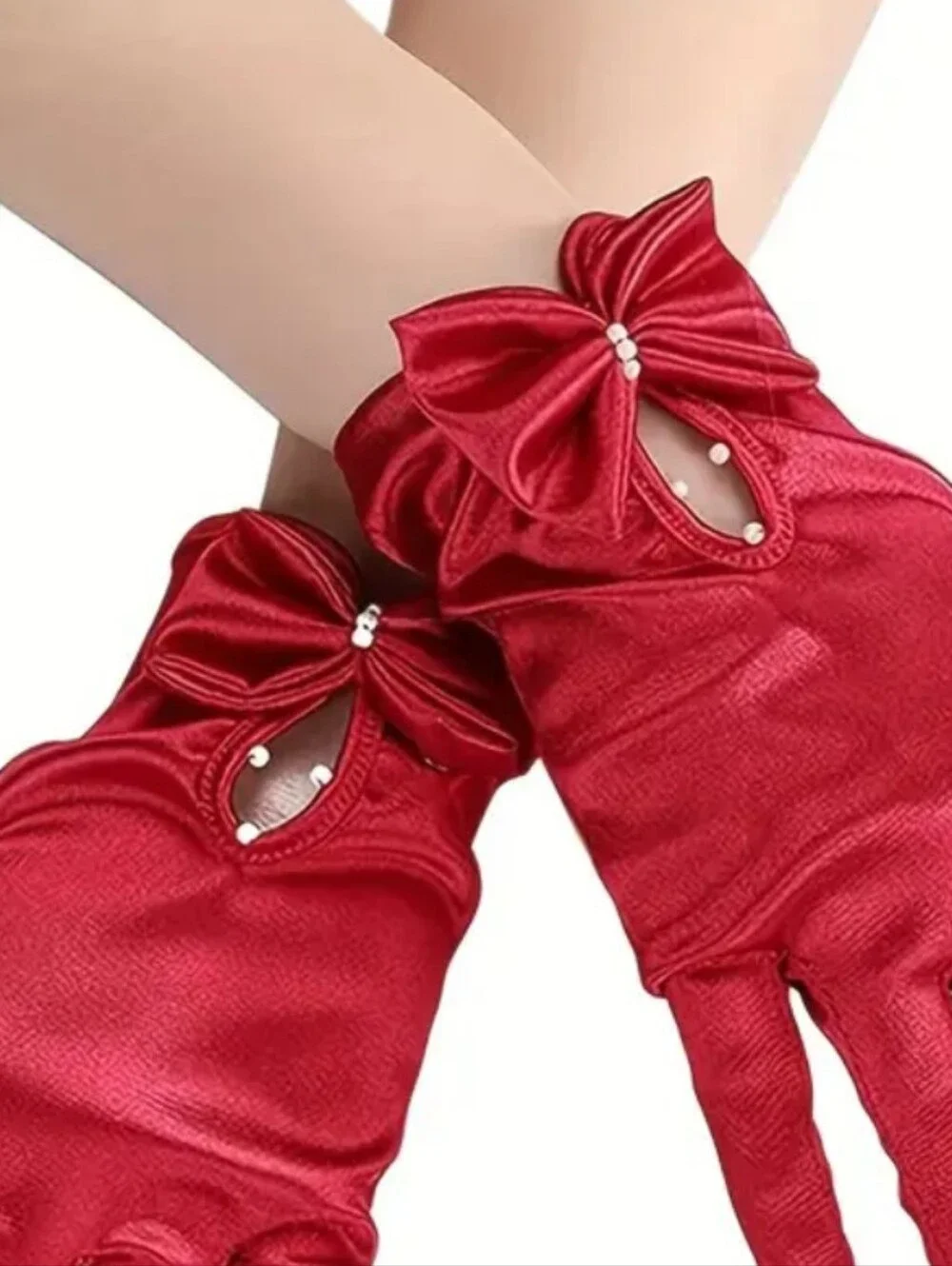 Elegant Red Satin Short Wrist Length Evening Gloves W/Bow & Faux Pearl Detail